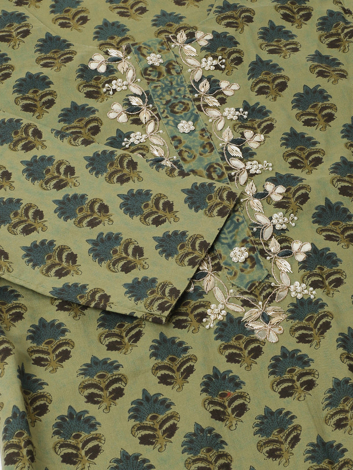 Green-Cotton-Floral-Print-Embroidered-3-Piece-Kurta-Set