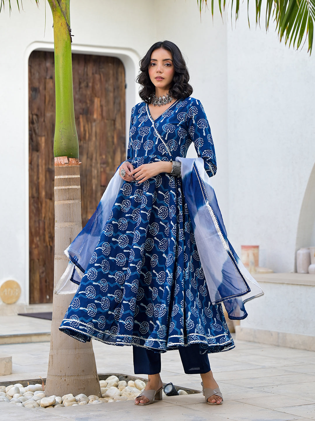 Indigo Blue Cotton Hand Block Print 3-Piece Anarkali Set