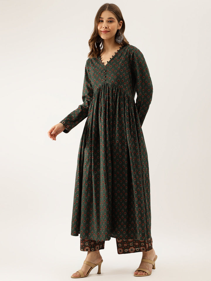 Green-Cotton-Floral-Print-3-Piece-Kurta-Set