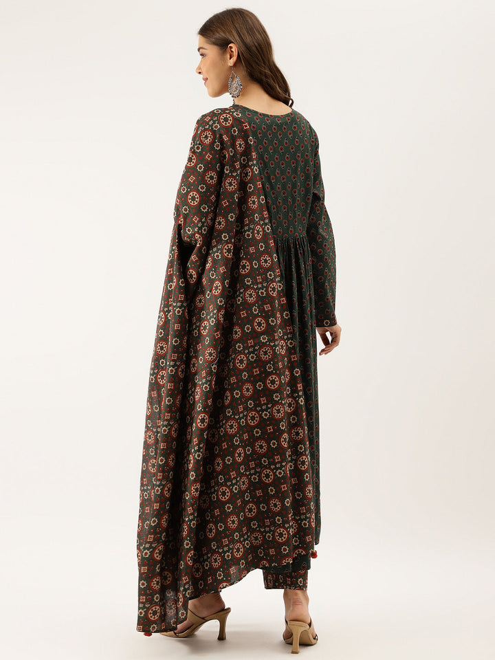Green-Cotton-Floral-Print-3-Piece-Kurta-Set