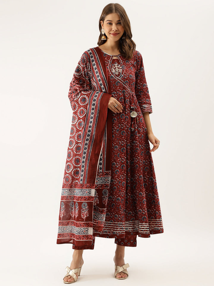 Maroon-Cotton-Floral-Printed-3-Pieceanarkali-Set