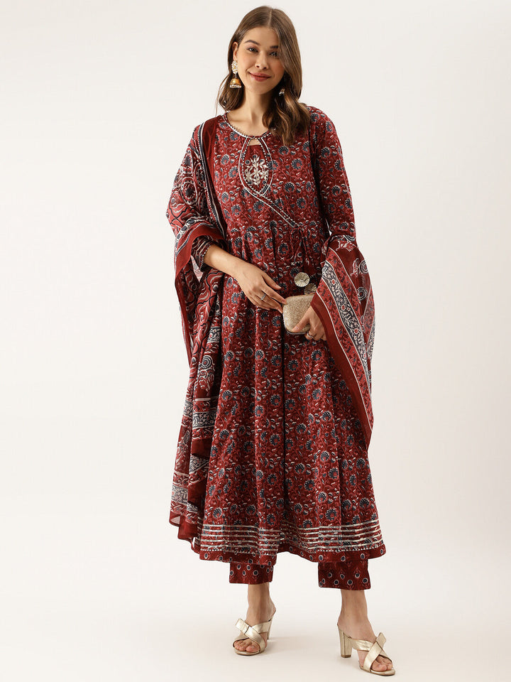 Maroon-Cotton-Floral-Printed-3-Pieceanarkali-Set