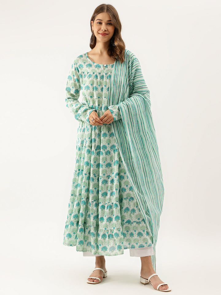 Green-Cotton-Hand-Block-Floral-Printed-3-Piece-Kurta-Set