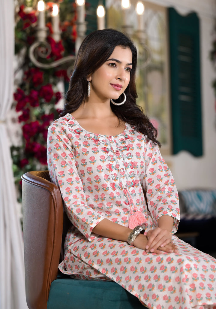 White-&-Pink-Cotton-Floral-Printed-2-Piece-Kurta-Set
