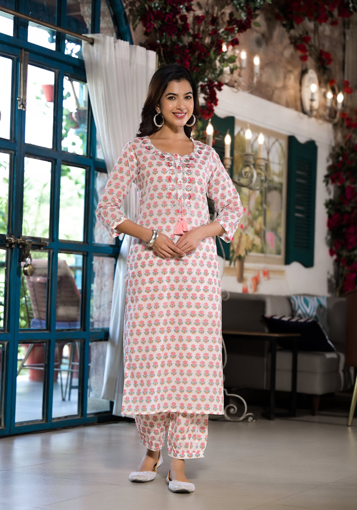 White-&-Pink-Cotton-Floral-Printed-2-Piece-Kurta-Set