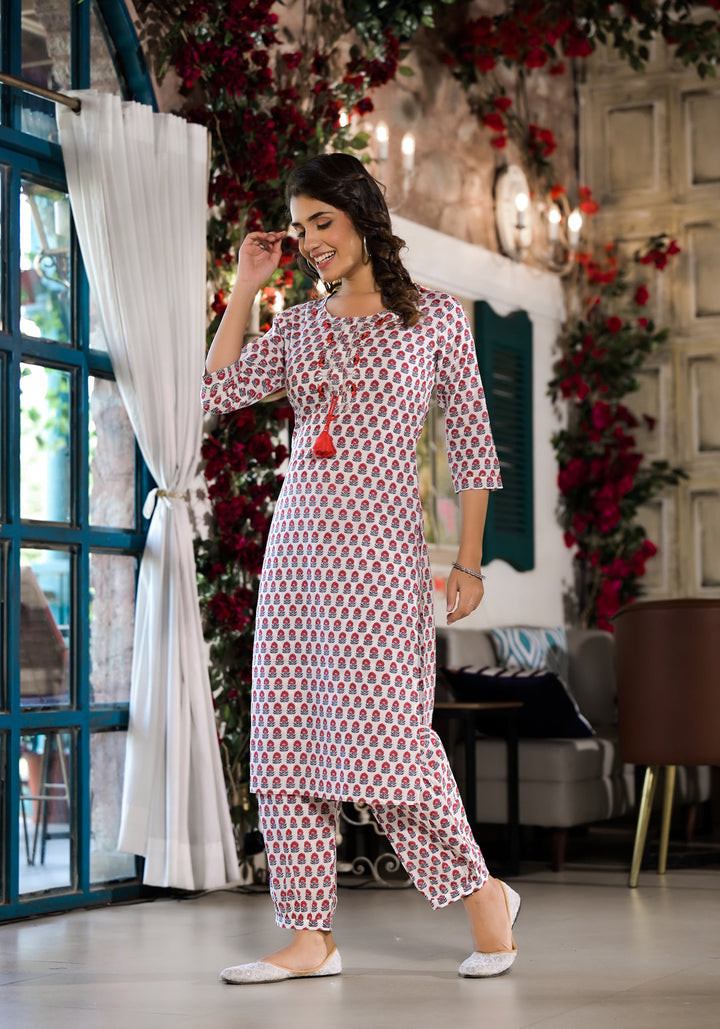 White-&-Red-Cotton-Floral-Printed-2-Piece-Kurta-Set