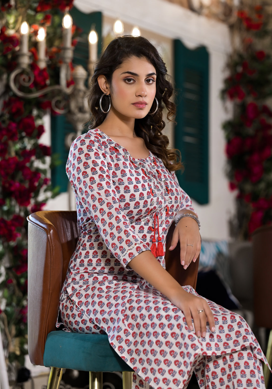 White-&-Red-Cotton-Floral-Printed-2-Piece-Kurta-Set