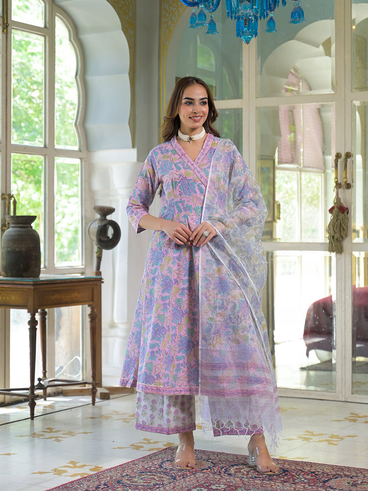 Pink-Cotton-Block-Print-Angarakha-Kurta-Set