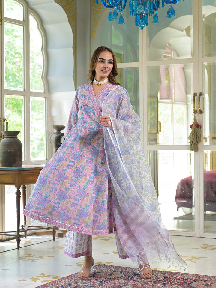 Pink-Cotton-Block-Print-Angarakha-Kurta-Set