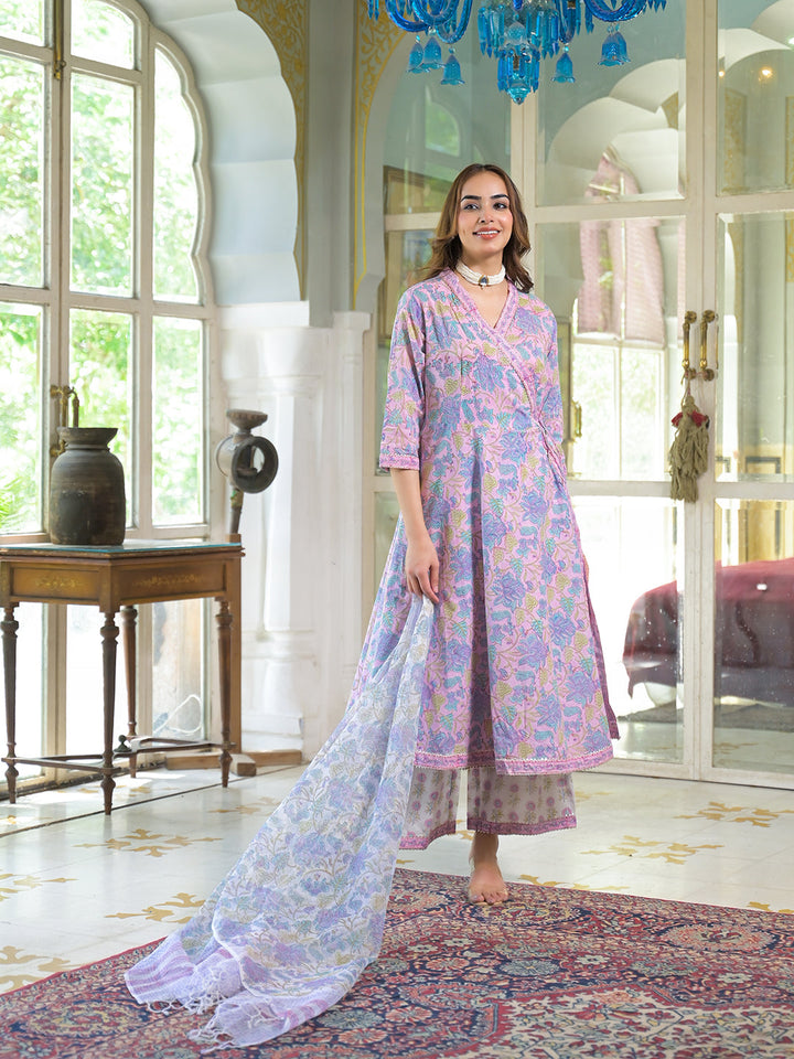 Pink-Cotton-Block-Print-Angarakha-Kurta-Set