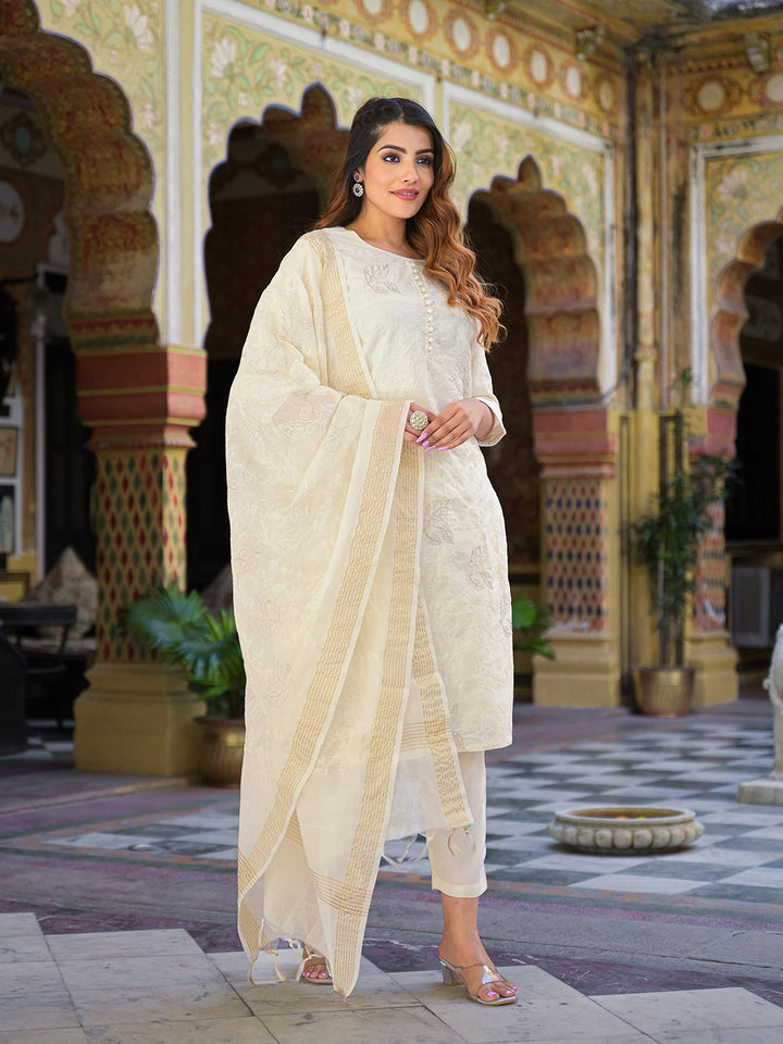 Cream-Solid-Chanderi-Silk-3-Piece-Kurta-Set