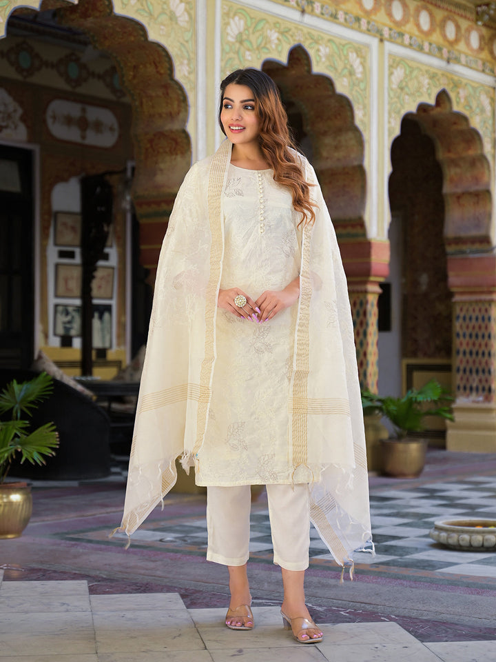 Cream-Solid-Chanderi-Silk-3-Piece-Kurta-Set