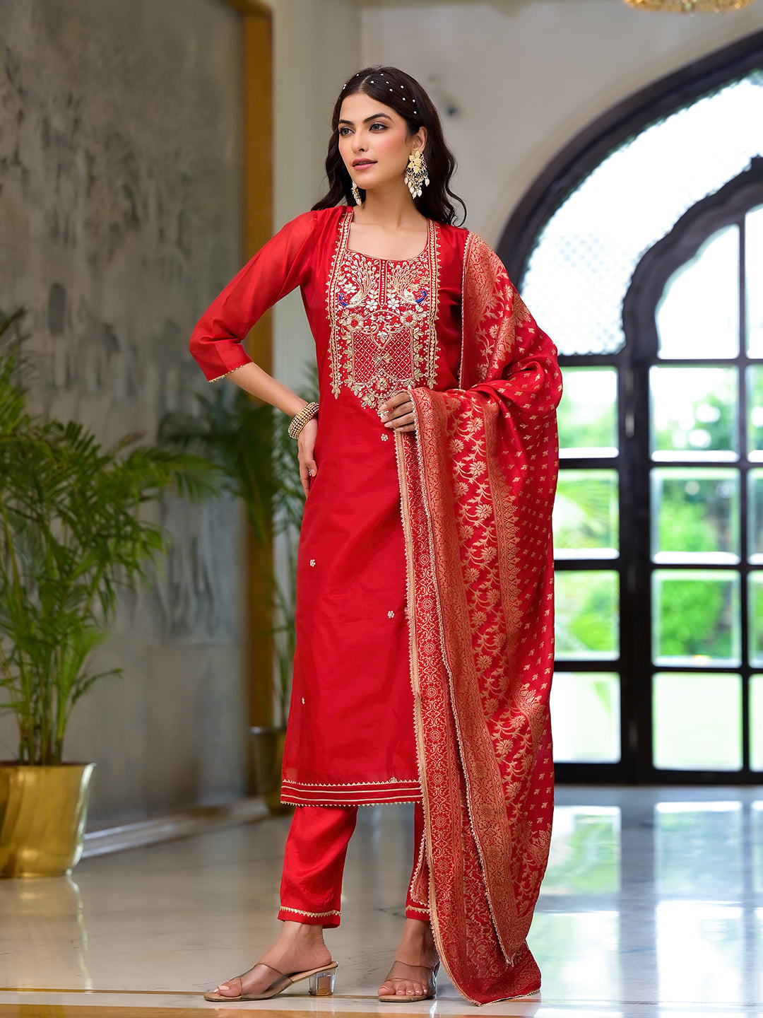 Red-Chanderi-Silk-Embroidered-3-Piece-Kurta-Set