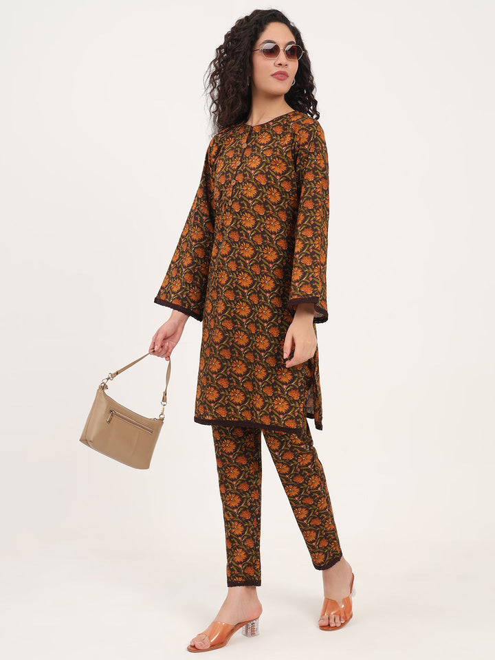 Brown-Cotton-Floral-Print-2-Piece-Kurta-Set