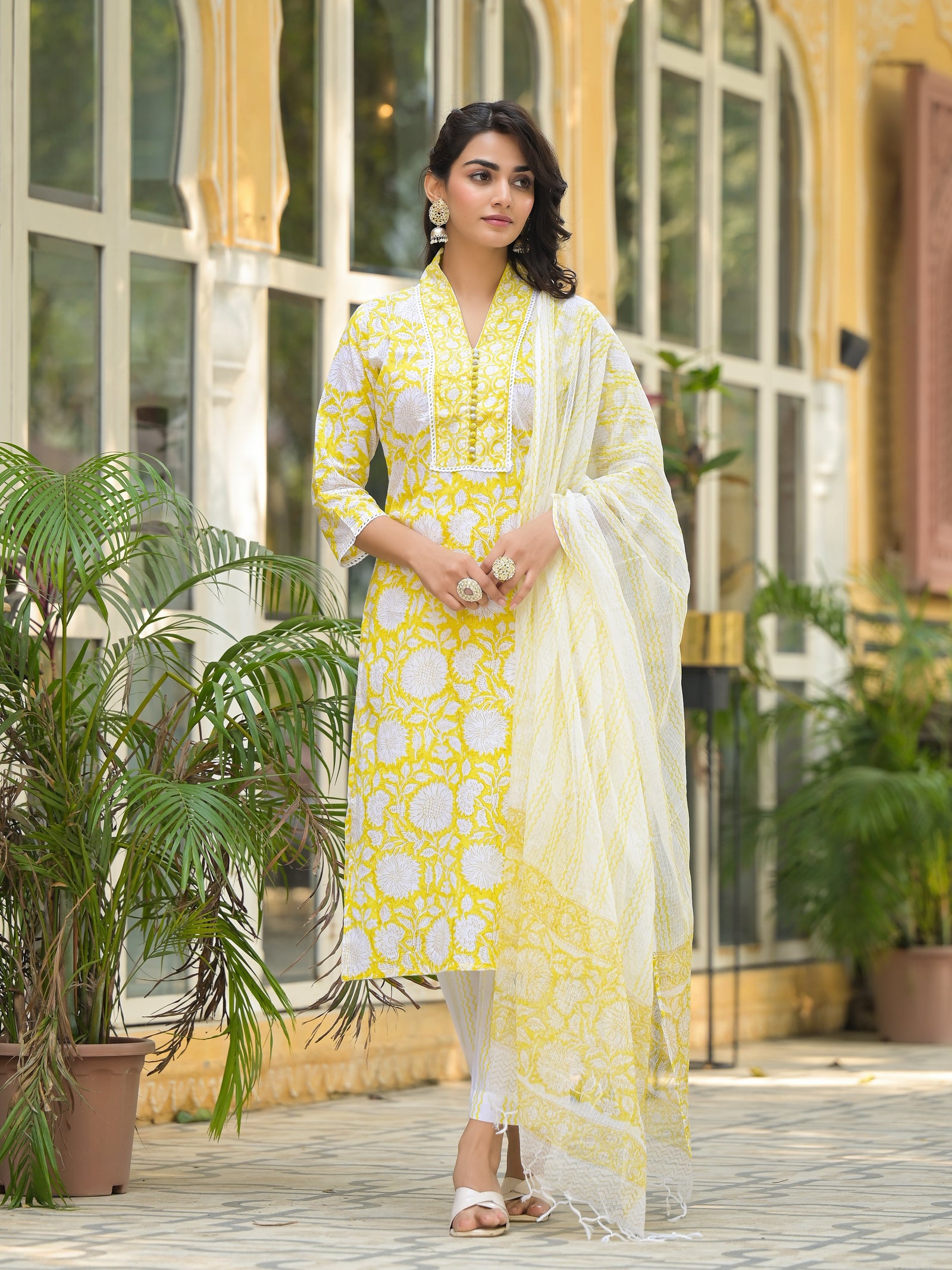 Yellow-Cotton-Hand-Block-Print-Straight-3-Piece-Kurta-Set