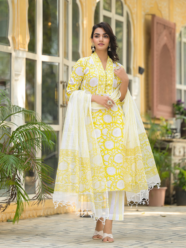 Yellow-Cotton-Hand-Block-Print-Straight-3-Piece-Kurta-Set