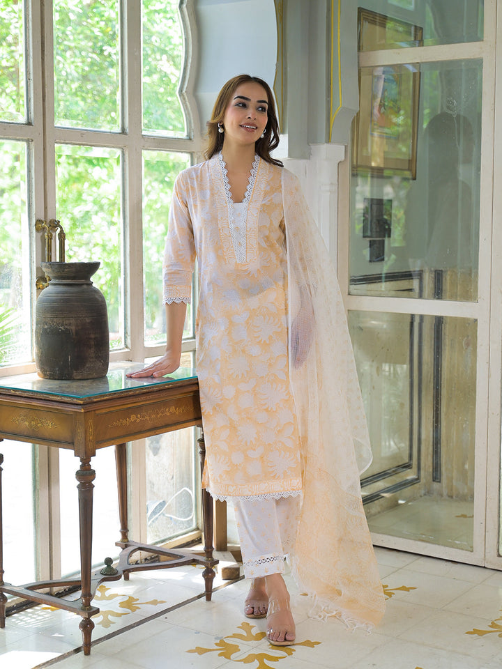 Peach-Cotton-Block-Print-3-Piece-Kurta-Set