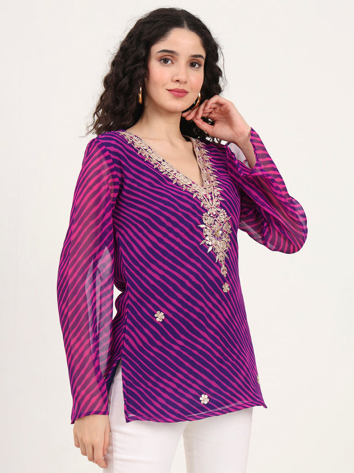 Purple-Leheriya-Gotta-Patti-Work-Geogratte-V-Neck-Tunic-ONLY