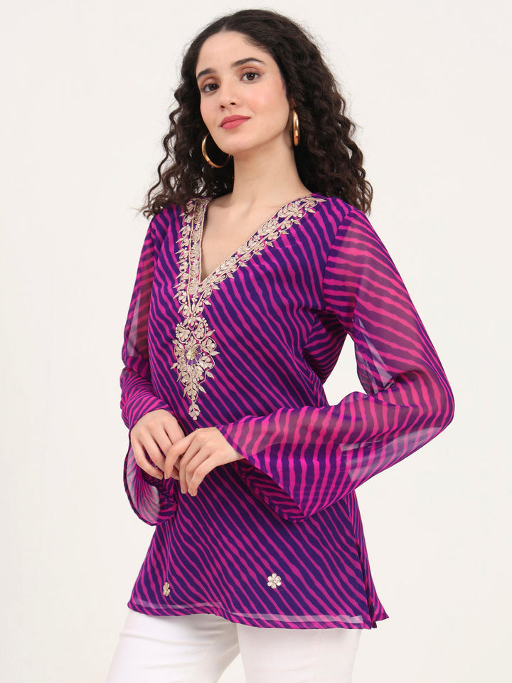 Purple-Leheriya-Gotta-Patti-Work-Geogratte-V-Neck-Tunic-ONLY