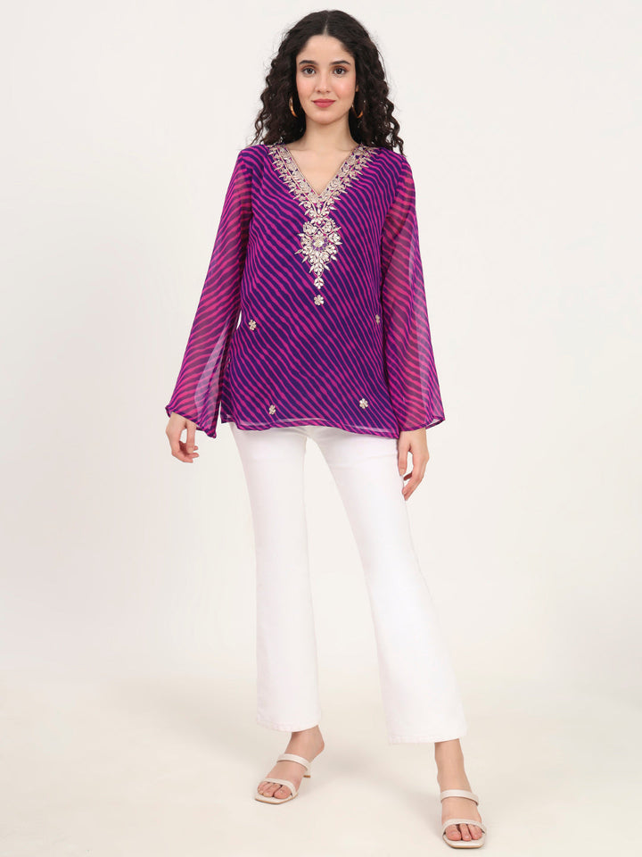 Purple-Leheriya-Gotta-Patti-Work-Geogratte-V-Neck-Tunic-ONLY