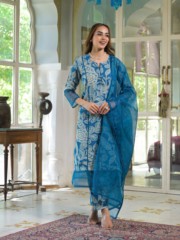 Turquoise-Blue-Rayon-Floral-Kurta-Pant-Set