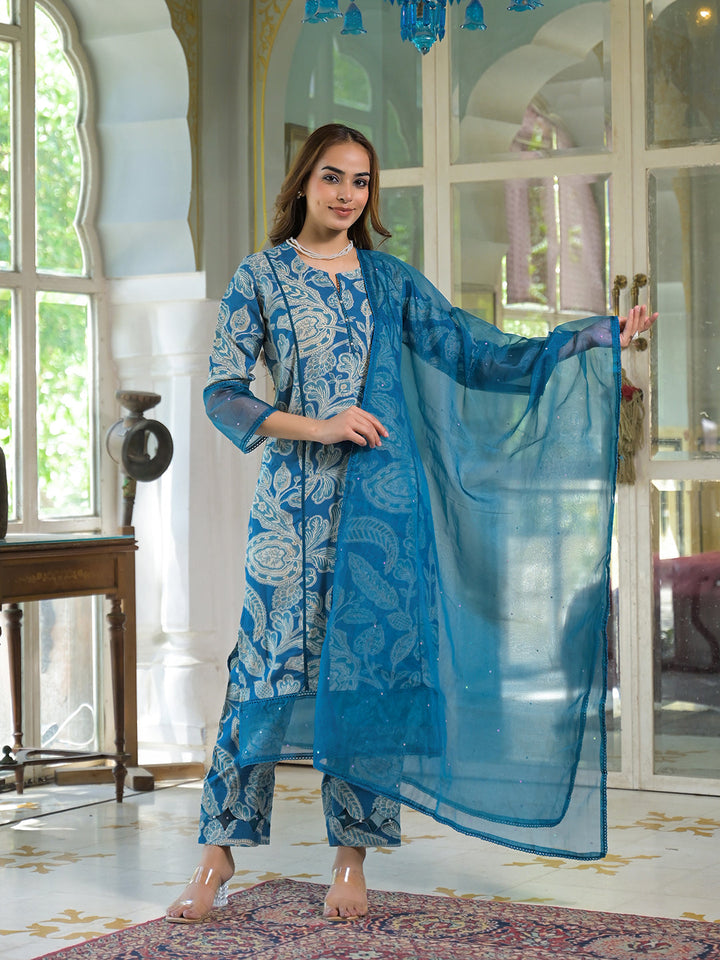 Turquoise-Blue-Rayon-Floral-Kurta-Pant-Set