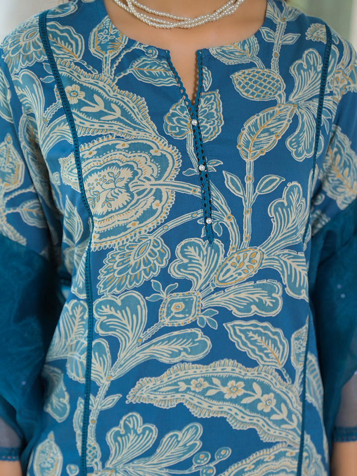 Turquoise-Blue-Rayon-Floral-Kurta-Pant-Set