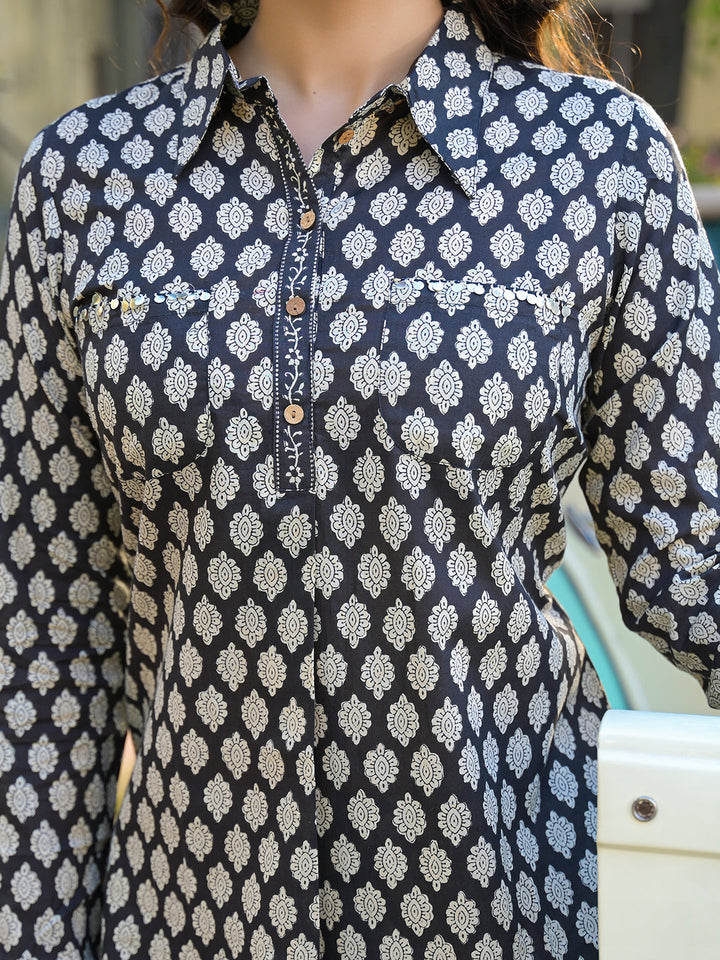 Black-Cotton-Ethnic-Printed-Shirt-Style-Co-Ord-Set