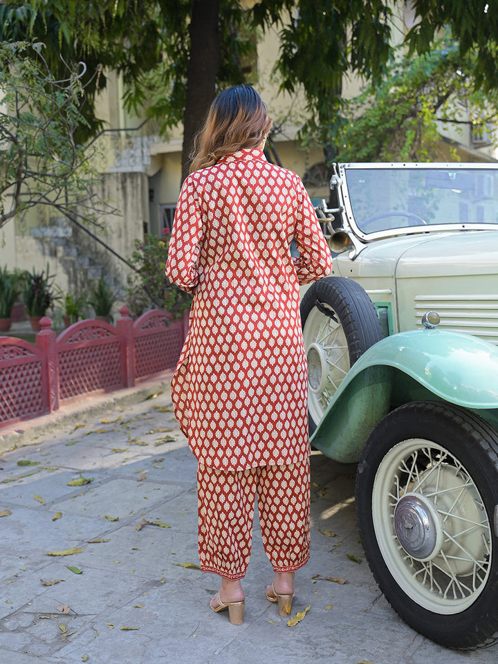 Red-Cotton-Ethnic-Printed-Shirt-Style-Co-Ord-Set