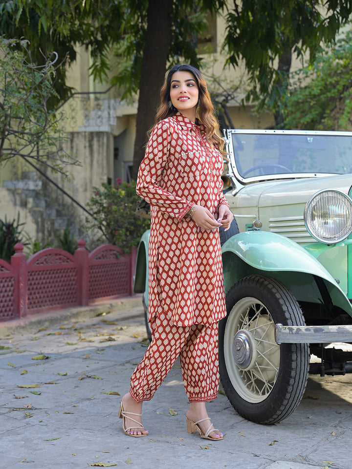 Red-Cotton-Ethnic-Printed-Shirt-Style-Co-Ord-Set