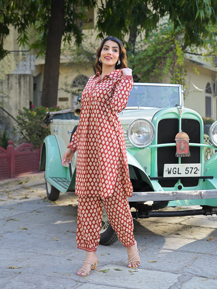 Red-Cotton-Ethnic-Printed-Shirt-Style-Co-Ord-Set
