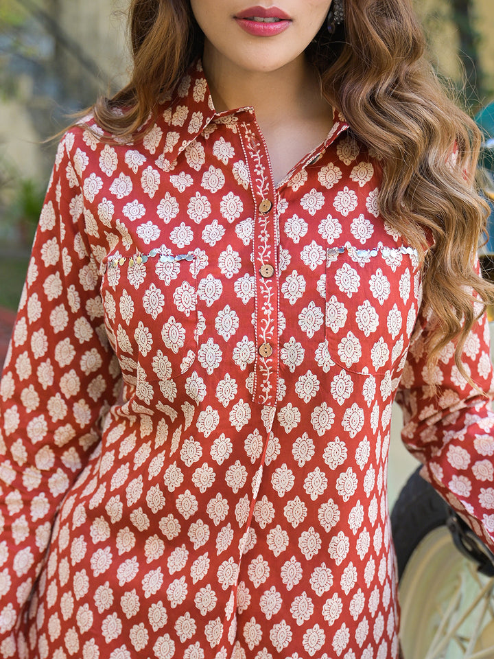 Red-Cotton-Ethnic-Printed-Shirt-Style-Co-Ord-Set