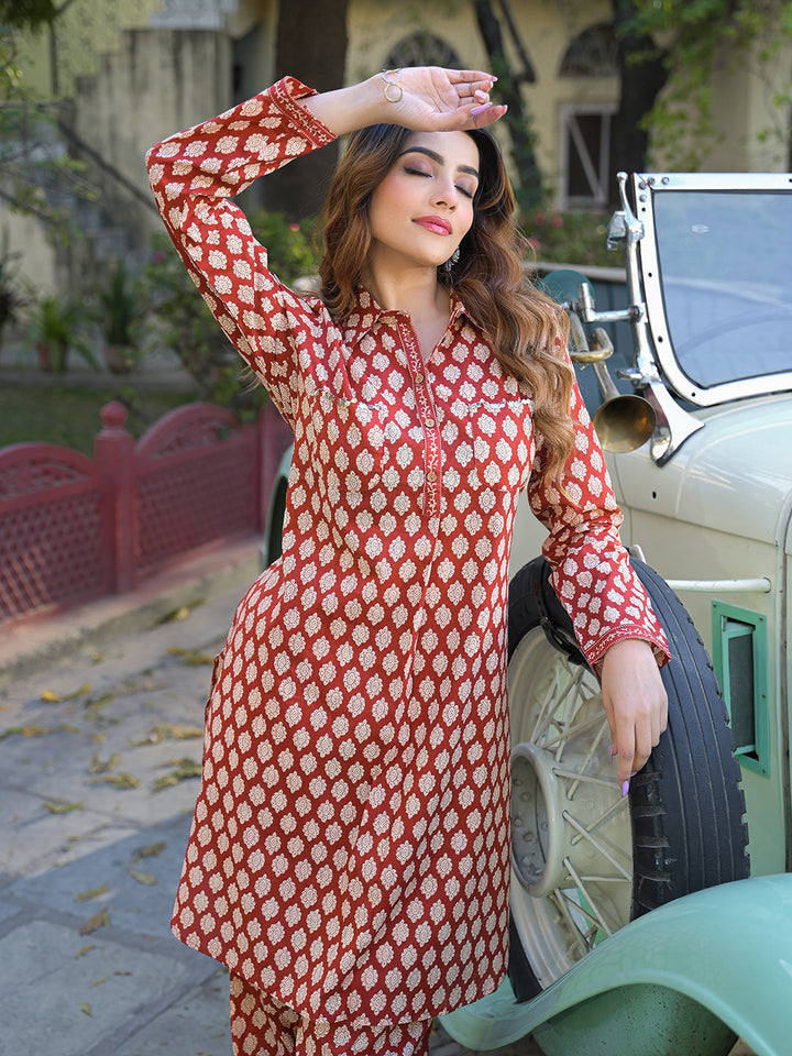 Red-Cotton-Ethnic-Printed-Shirt-Style-Co-Ord-Set