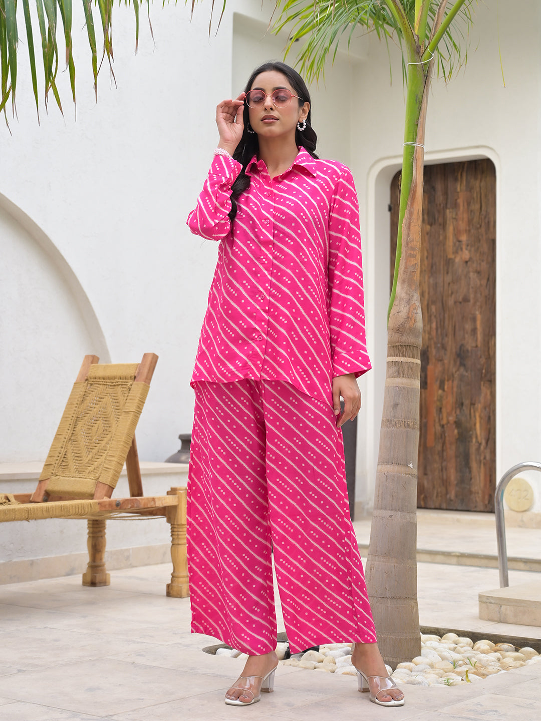 Pink-Muslin-Striped-Shirt-&-Trousers-Co-Ord-Set