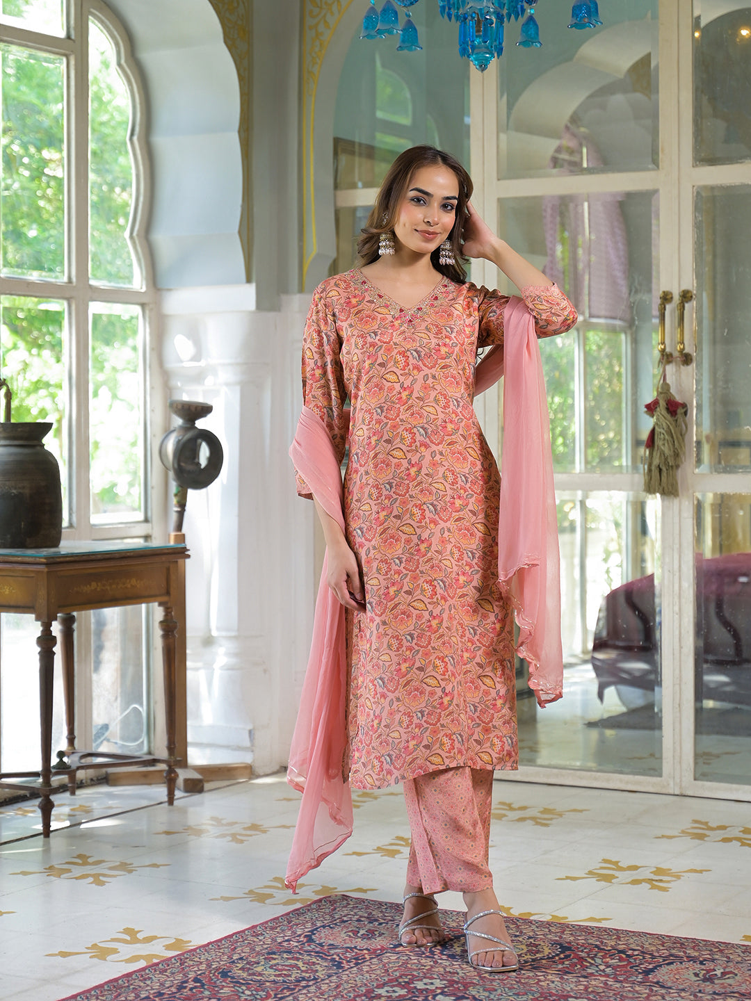 Peach-Muslin-Floral-3-Piece-Kurta-Set