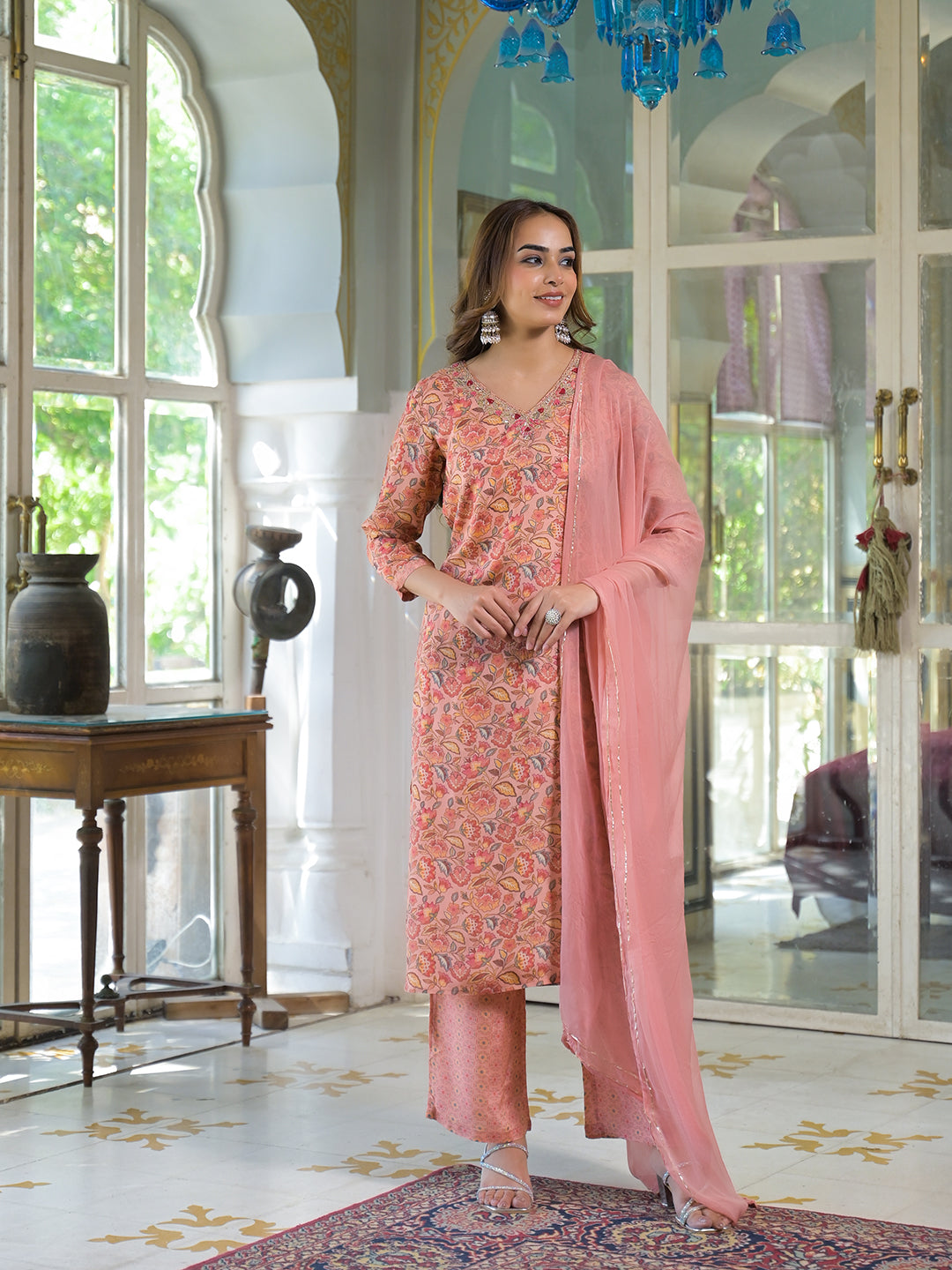 Peach-Muslin-Floral-3-Piece-Kurta-Set