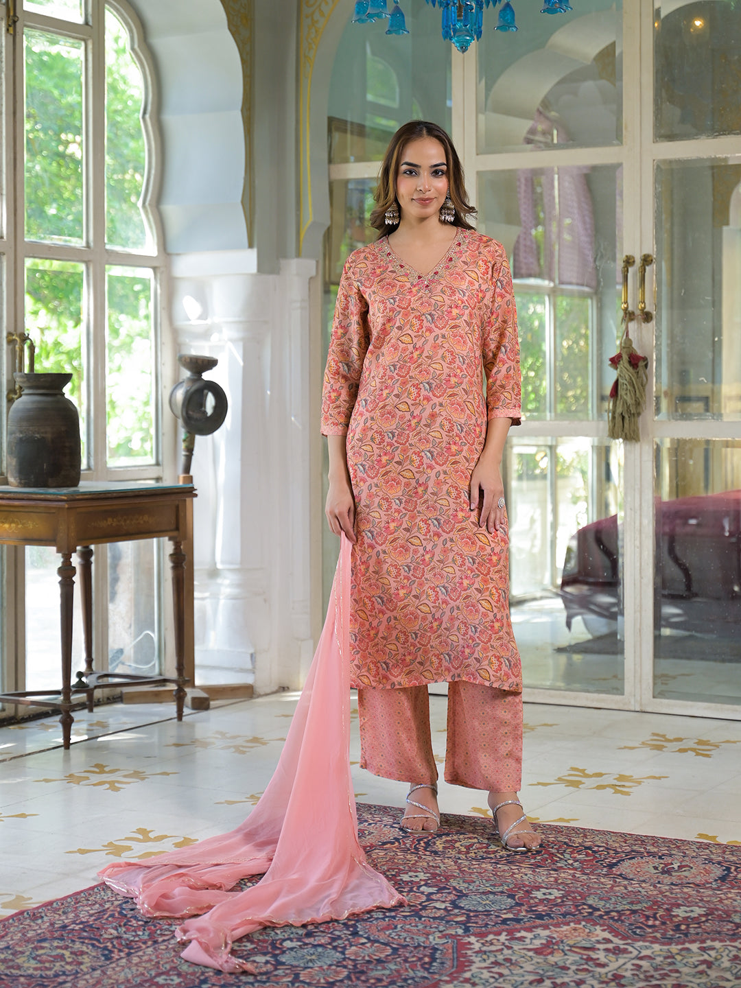 Peach-Muslin-Floral-3-Piece-Kurta-Set