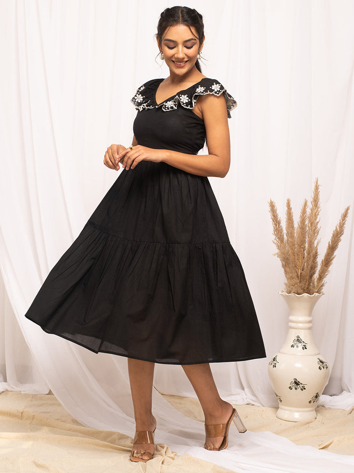 Balck-Cotton-Solid-Skater-Midi-Dress