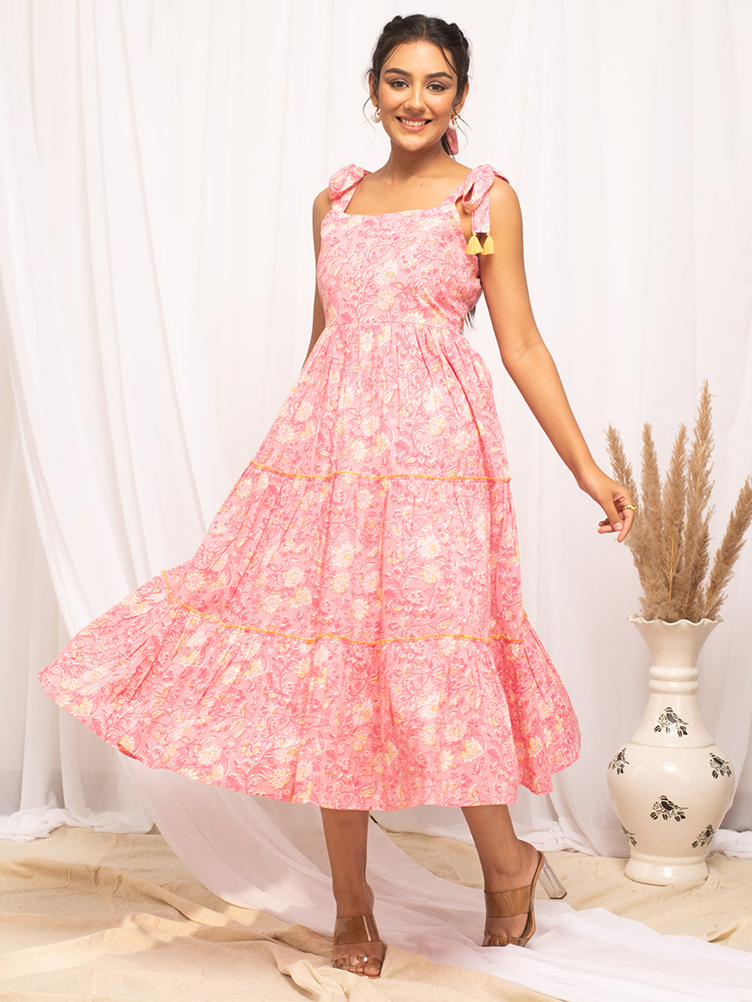 Peach Pink Cotton Floral Printed Midi Dress