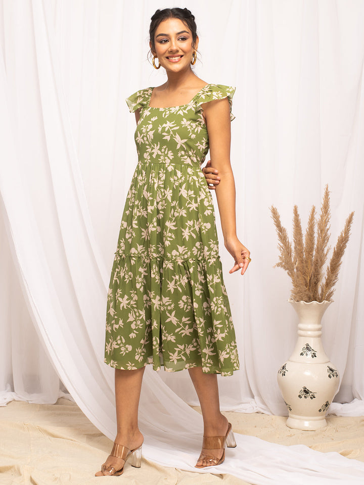 Mehandi-Green-Georgette-Floral-Printed-Dress