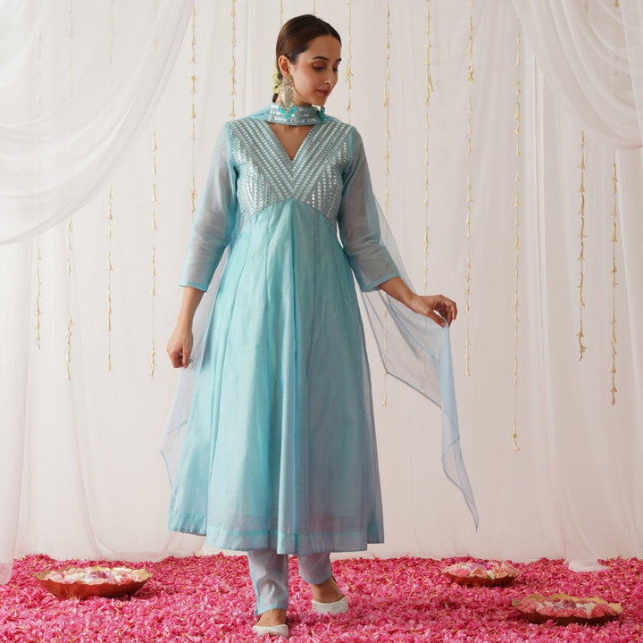 Sky Blue Chanderi Gota Patti Yoke Embroidered Anarkali Set