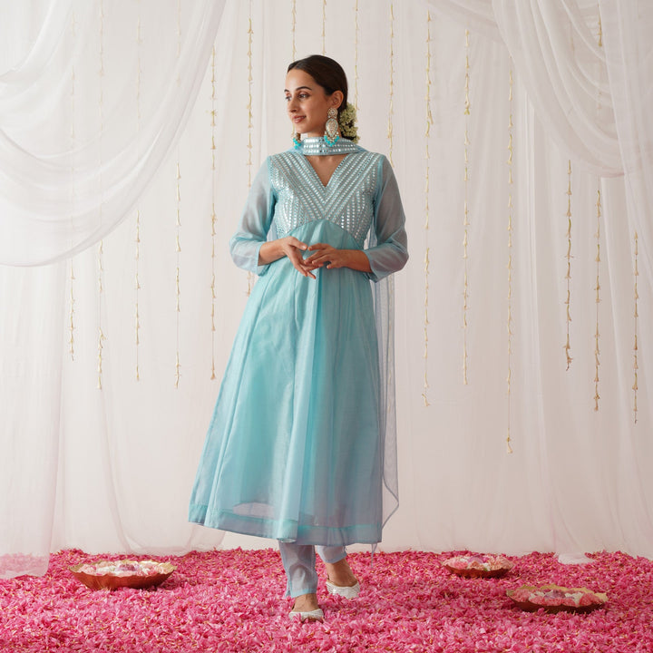 Sky Blue Chanderi Gota Patti Yoke Embroidered Anarkali Set