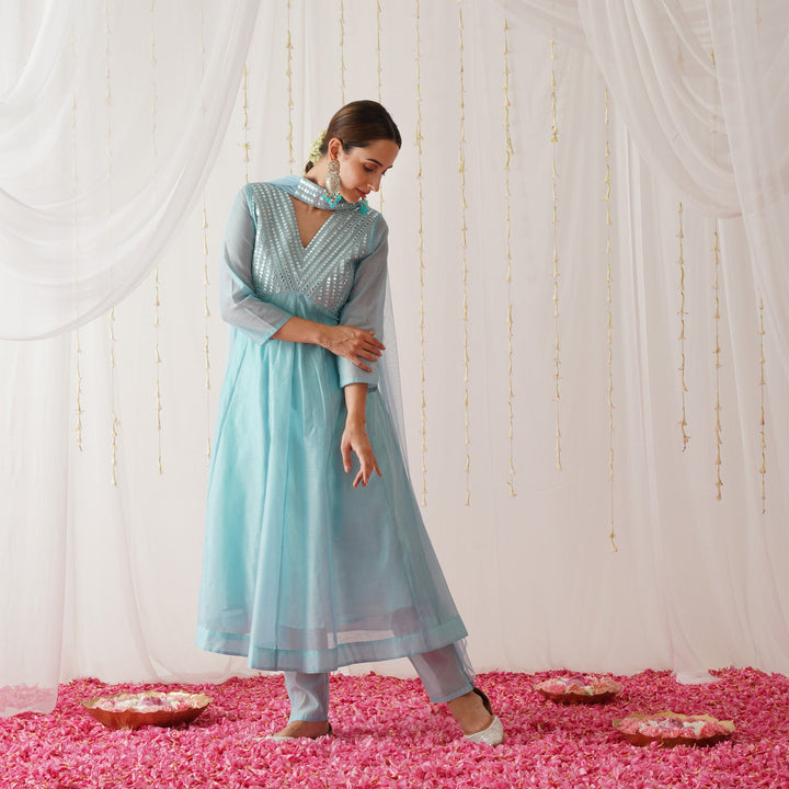 Sky Blue Chanderi Gota Patti Yoke Embroidered Anarkali Set