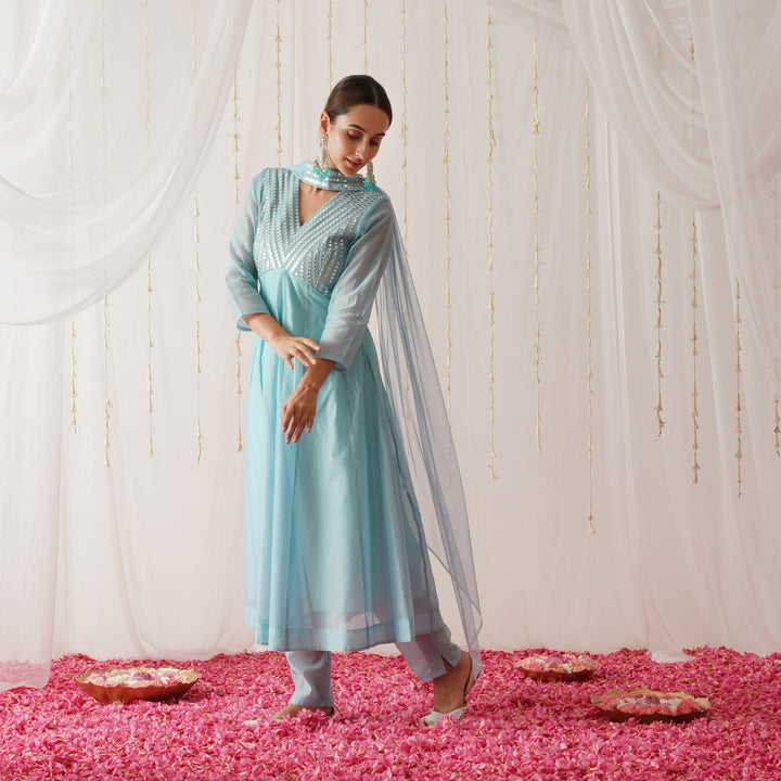 Sky Blue Chanderi Gota Patti Yoke Embroidered Anarkali Set