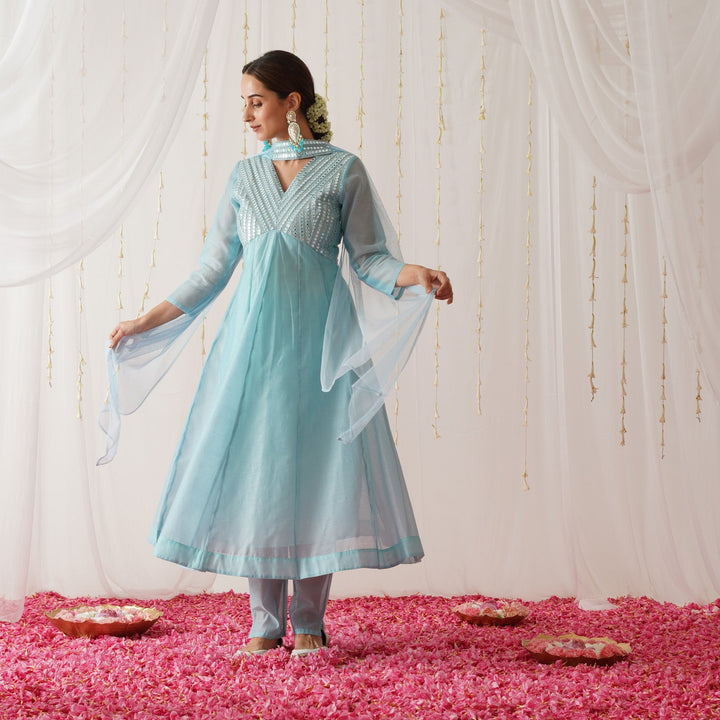 Sky Blue Chanderi Gota Patti Yoke Embroidered Anarkali Set