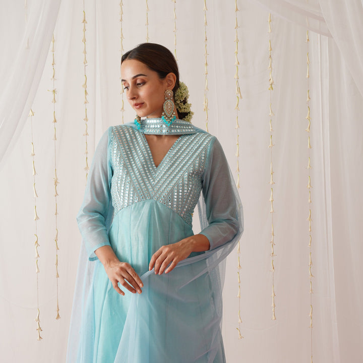 Sky Blue Chanderi Gota Patti Yoke Embroidered Anarkali Set