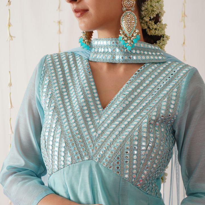 Sky Blue Chanderi Gota Patti Yoke Embroidered Anarkali Set