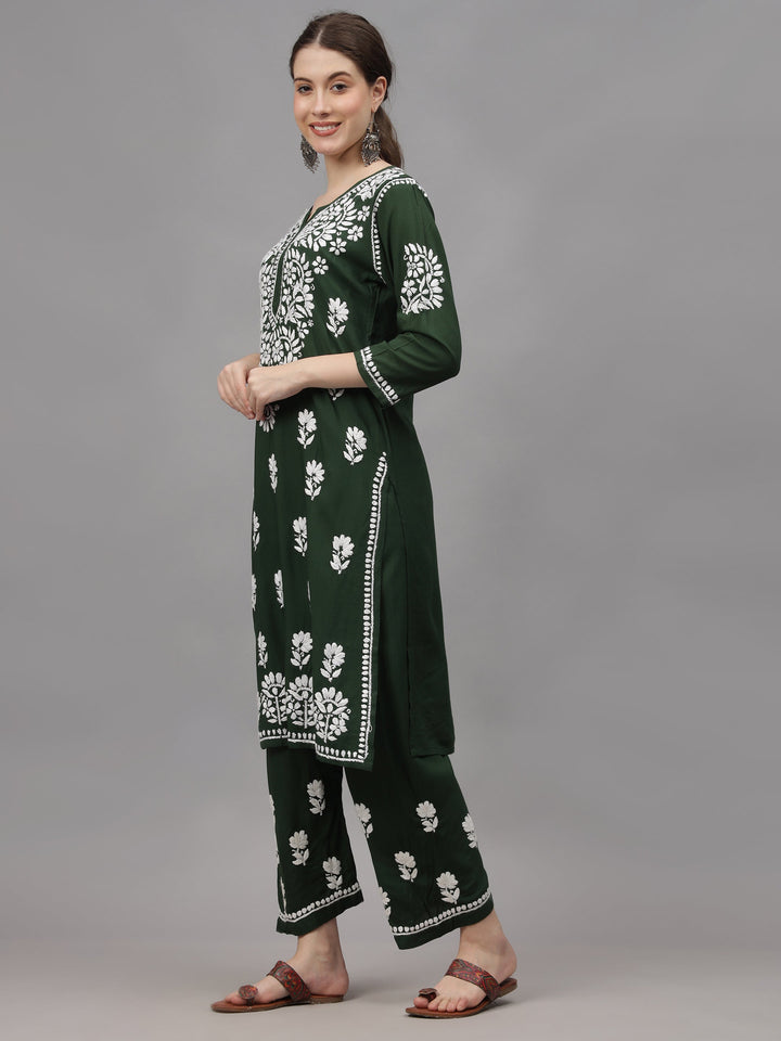 Dark-Green-Rayon-Embroidered-Chikankari-2-Piece-Kurta-Set