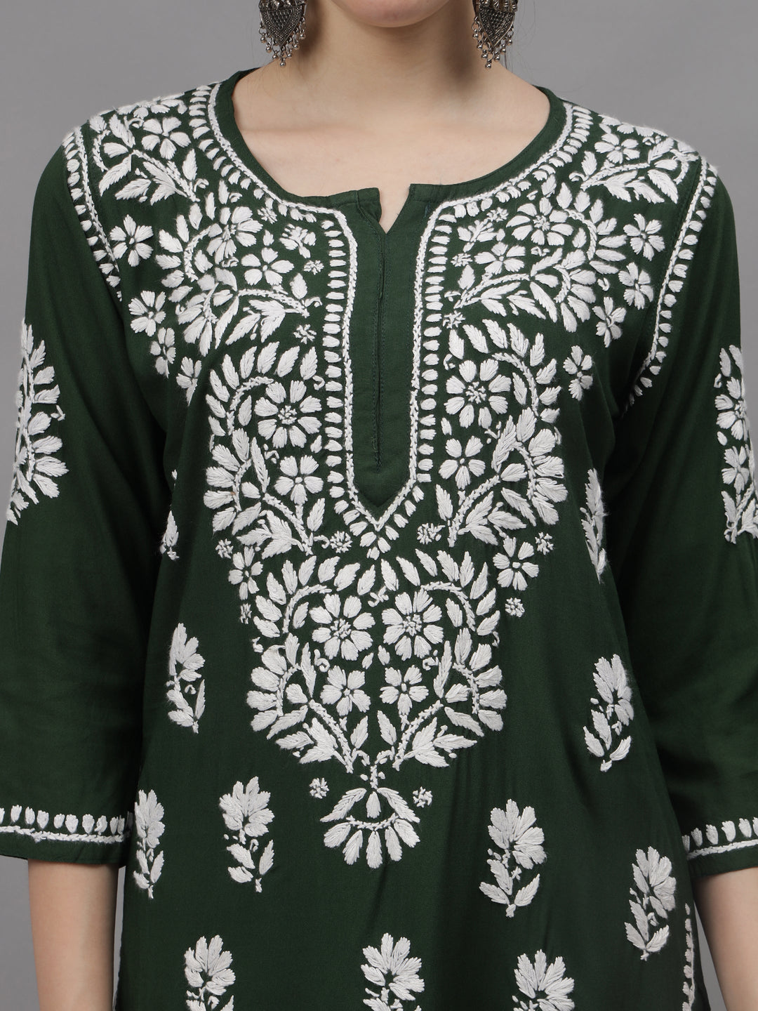 Dark-Green-Rayon-Embroidered-Chikankari-2-Piece-Kurta-Set