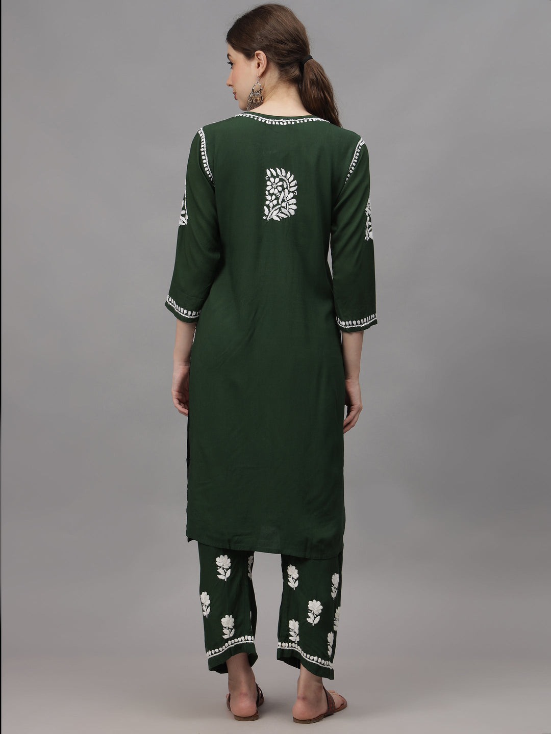 Dark-Green-Rayon-Embroidered-Chikankari-2-Piece-Kurta-Set